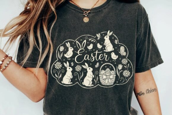 Download Vintage Aesthetic Hand-Drawn Easter Bunny Garden Scene Sublimation PNG - Vintage aesthetic Collection